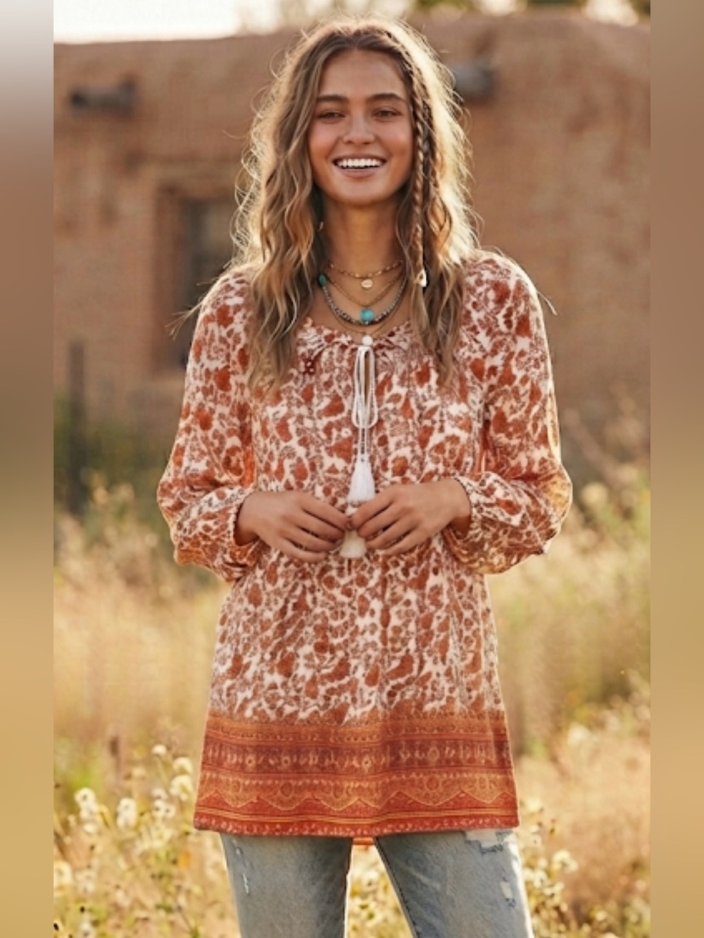 Rose & Thyme Bohemian Floral Blouse White Orange Tassel Tie Neck Long Sleeve M